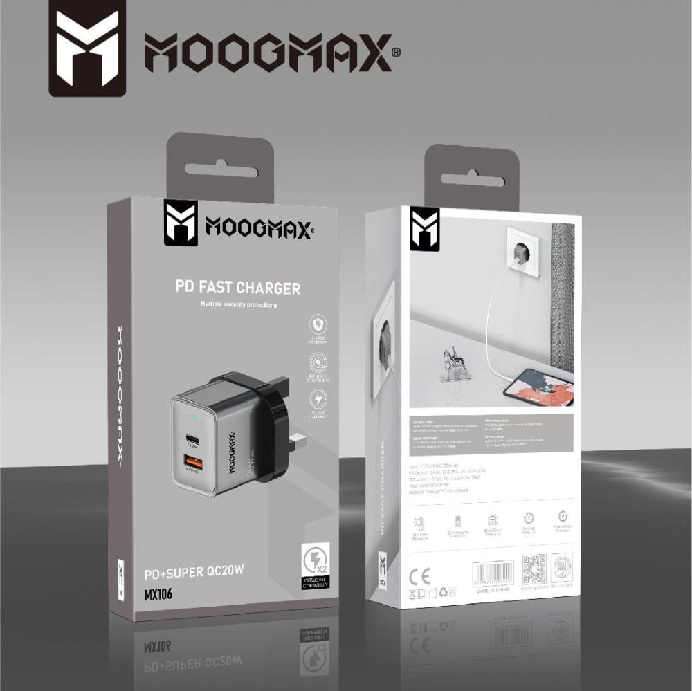 MOOGMAX شاحن منزلي - 20W - منفذين USB+ PD
