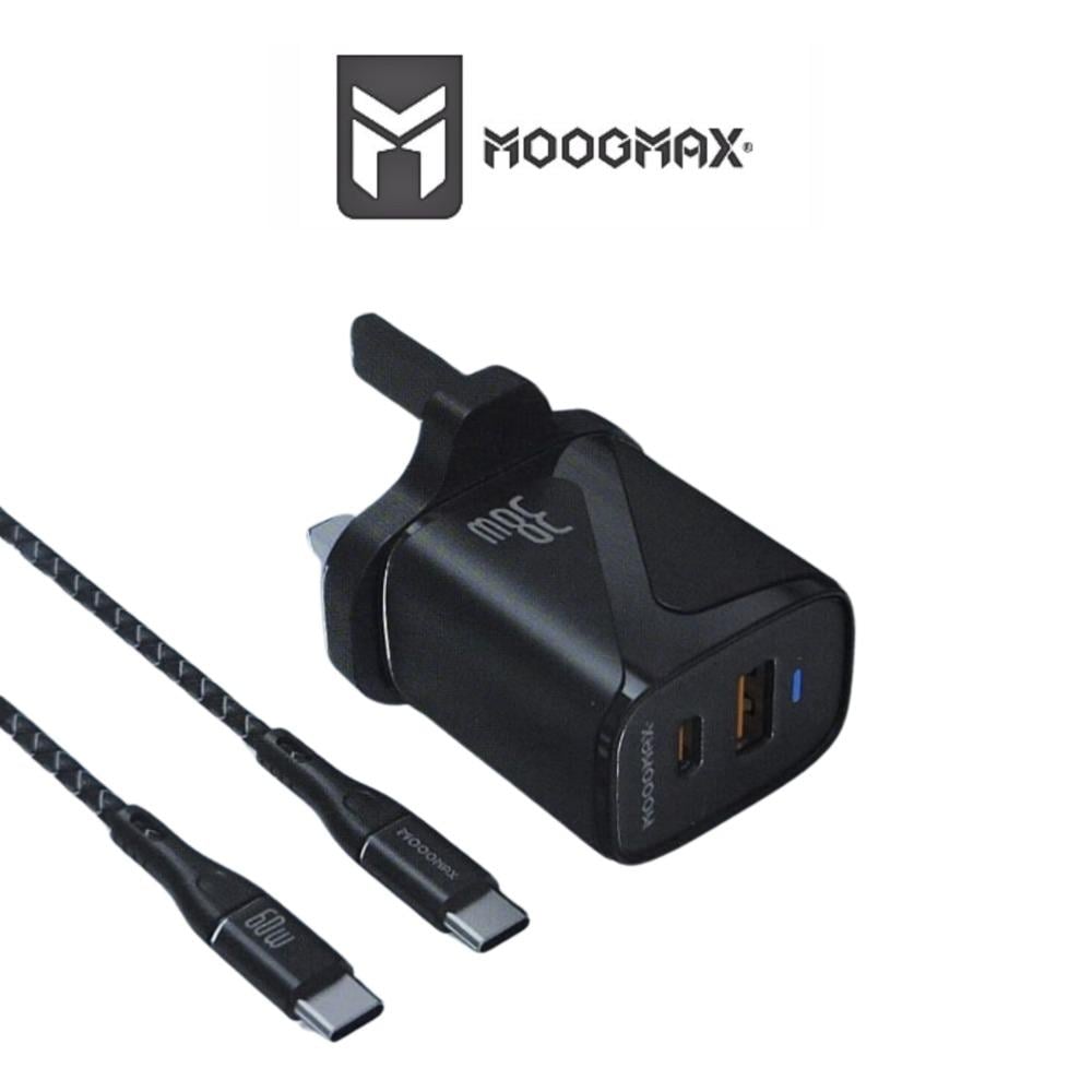 MOOGMAX شاحن منزلي - 38W - منفذين USB+ PD + كيبل PD TO PD 60W