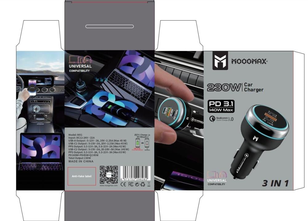 MOOGMAX شاحن سيارة - 230W - ثلاث منافذ - IP + PD + USB
