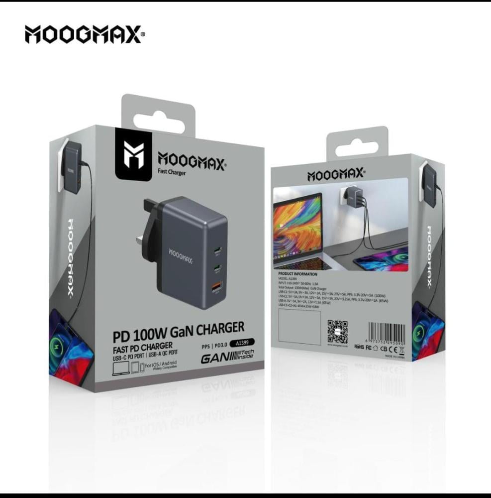 MOOGMAX شاحن منزلي - 100W - ثلاث منافذ - 2PD + USB